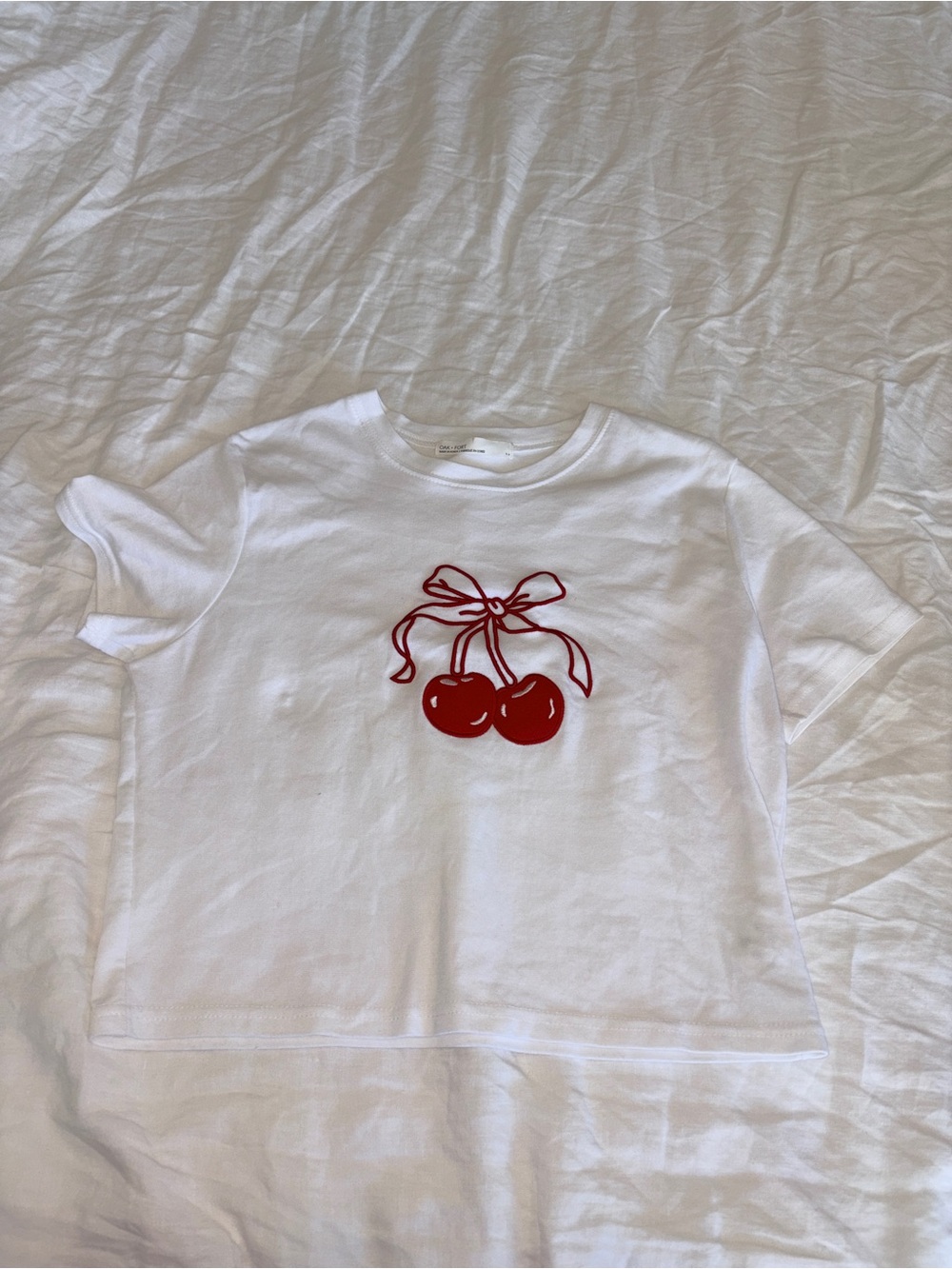 OAK + FORT White Short Sleeve Tee with Red Cherry Graphic